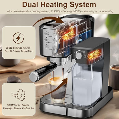 Espresso Machine 20 Bar, Coffee Maker with Automatic Milk Frother, 6-in-1 One-Touch Small/Large Shot, Espresso Maker for Cappuccino/Latte, Compact for Home and Office, Stainless Steel