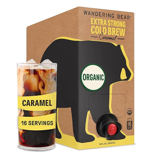 Wandering Bear Organic Caramel Cold Brew Coffee On Tap, 96 fl oz - Extra Strong, Bold, Smooth, Unsweetened, Shelf-Stable, Ready to Drink, Gluten Free, & Vegan, Iced Cold Brewed Coffee Drinks