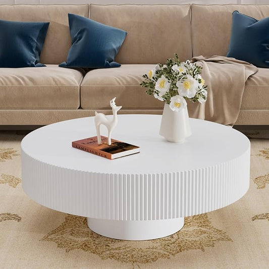 Round Coffee Table 30.7" Modern White Fluted Coffee Table Low Round Drum Pedestal Coffee Tables for Living Room Farmhouse (White 30.7in)