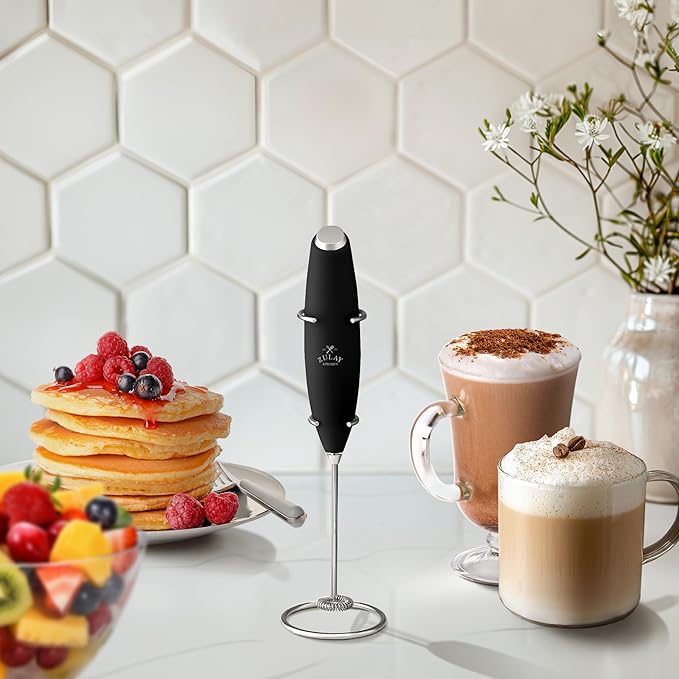 Zulay Kitchen Premium Gift Milk Frother Complete Set - Handheld Foam Maker, Stencils & Frother Set - Whisk Drink Mixer for Coffee - Mini Blender for Cappuccino, Frappe