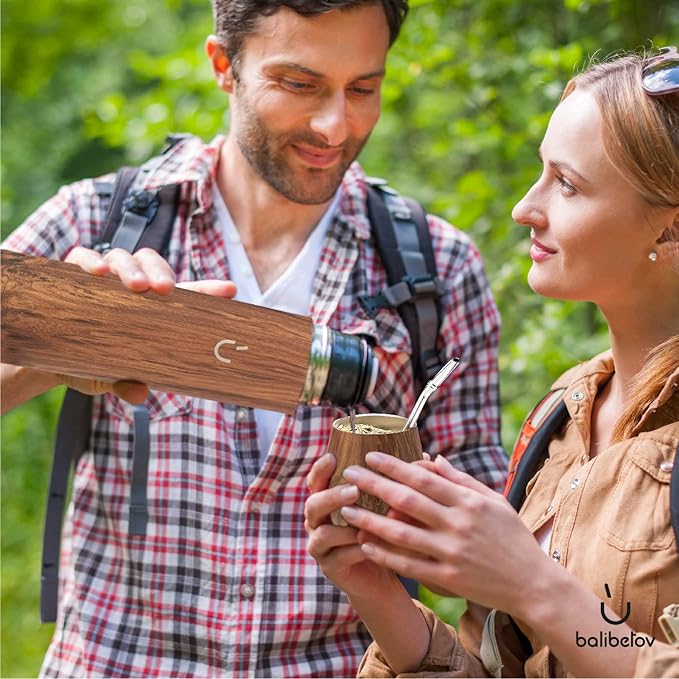 BALIBETOV Complete Yerba Mate Set - Modern Mate Gourd, Thermal Flask, Bombilla and Cleaning Brush Included - All Premium Quality 304 18/8 Stainless Steel (Wood)