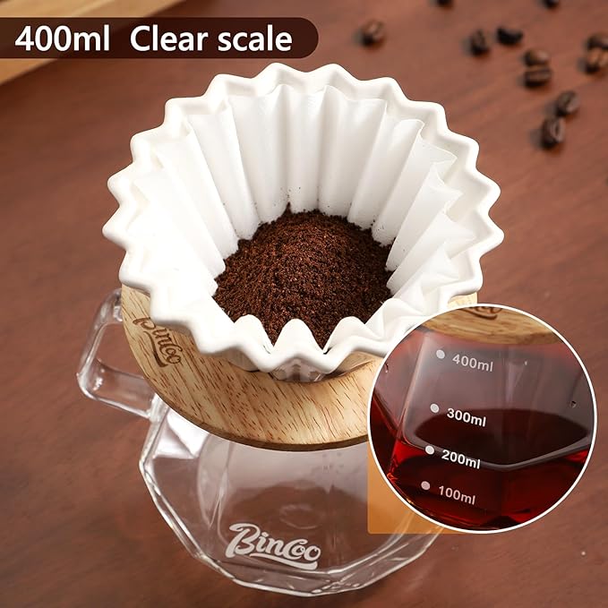 Bincoo 400ML Pour Over Coffee Maker Set with Filter Paper,Ceramic Pour Over Coffee Dripper 1-2 Cups-Professional Coffee Brewing Pot for Home Office(White)
