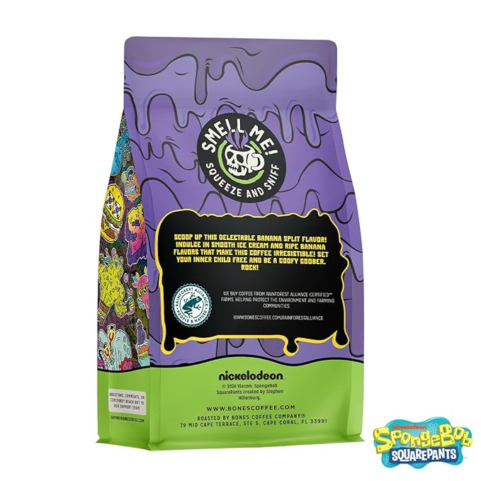 Bones Coffee Company Spongebob Goofy Goober Sundae, Banana Split Flavored Coffee, Medium Roast Low Acid Arabica Beans Compatible with Auto drip and French Press Coffee Maker, 12 Oz Whole Bean