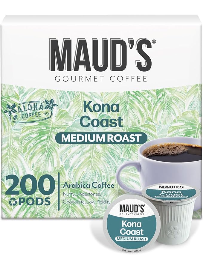Maud's Kona Coffee Pods, 200 ct, Medium Roast Coffee in Recyclable Single Serve Pods – 100% Arabica Coffee, Compatible with Keurig K Cups Maker