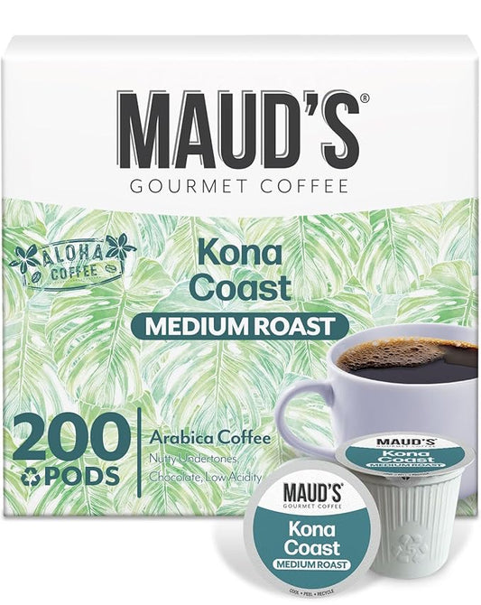 Maud's Kona Coffee Pods, 200 ct, Medium Roast Coffee in Recyclable Single Serve Pods – 100% Arabica Coffee, Compatible with Keurig K Cups Maker