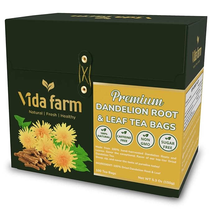 VIDA FARM 100 Dandelion Tea Bags - 100% Natural Dandelion Leaf & Root, Sugar Free, Caffeine Free, Non-GMO - Premium Dandelion Root Herbal Tea, Smooth Taste