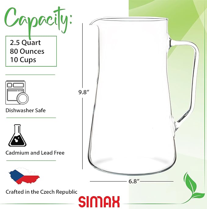 Simax Large Glass Pitcher With Spout, 2.5 Quart (80 Ounce) Borosilicate Glass Iced Tea Pitchers with Handle, Angled Cylinder Design, Glass Water Pitcher,