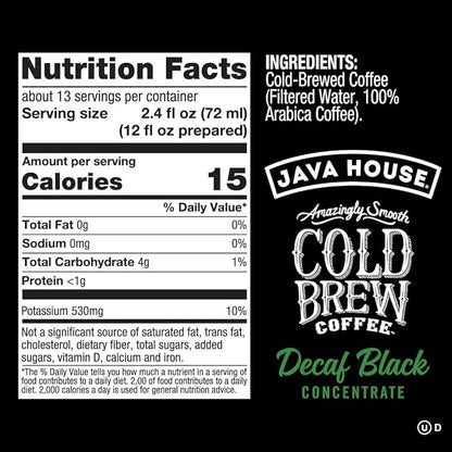 JAVA HOUSE Cold Brew Coffee, Decaf Colombian 4:1 Liquid Concentrate, 32 Ounce Bottle