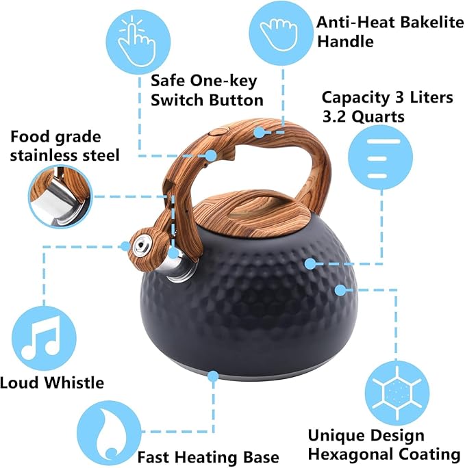 Tea Kettle Stovetop, 3.2 Qt Stainless Steel Whistling Kettle for Stove Top, Food Grade Teapot with Wood Pattern Handle for Coffee, Milk etc, Gas Electric Applicable (Black)