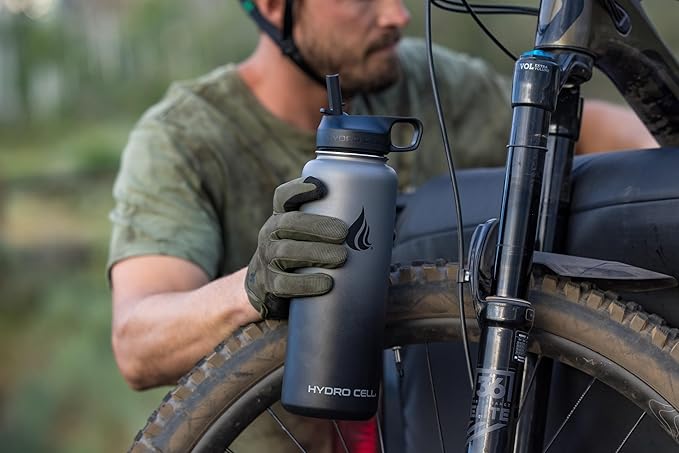 HYDRO CELL Stainless Steel Insulated Water Bottle with Straw - For Cold & Hot Drinks - Metal Vacuum Flask with Screw Cap and Modern Leakproof Sport Thermos for Adults (Graphite/Black 40oz)