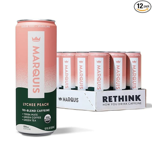 Marquis - Natural Energy Drink - Lychee Peach - Sugar Free - 0 Calories - 100mg of Organic Plant Based Caffeine - Yerba Mate - Green Tea - Vitamin C & B Vitamins - Vegan - 12 oz Cans - 12 Pack