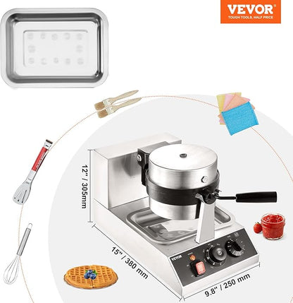 VEVOR Commercial Waffle Maker, 1300W Round Waffle Iron, Non-Stick Rotatable Waffle Baker Machine With 122-572℉ Temp Range and Time Control, Teflon-Coated Baking Pan Stainless Steel Body 120V