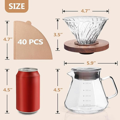Pour Over Coffee Maker, Borosilicate Glass Drip Coffee Maker with Reusable Stainless Steel Filter and Cork Grip for Home Café (Walnut Collar, 20 OZ)