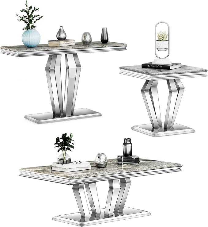 3 Piece Living Room Table Set, Luxury Coffee Table Set with Gray Top & Diamond-Shaped Stainless Steel Frame, 1 Coffee Table + 1 Console Table + 1 End Table for Home Office