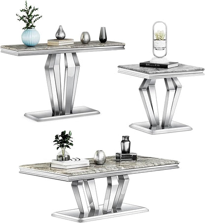 3 Piece Living Room Table Set, Luxury Coffee Table Set with Gray Top & Diamond-Shaped Stainless Steel Frame, 1 Coffee Table + 1 Console Table + 1 End Table for Home Office