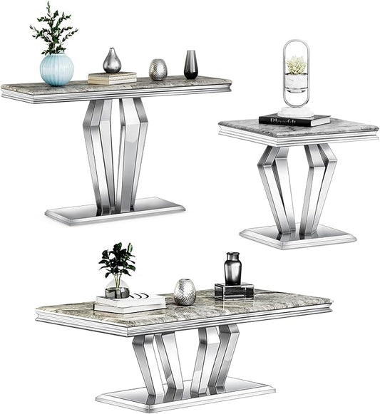 3 Piece Living Room Table Set, Luxury Coffee Table Set with Gray Top & Diamond-Shaped Stainless Steel Frame, 1 Coffee Table + 1 Console Table + 1 End Table for Home Office