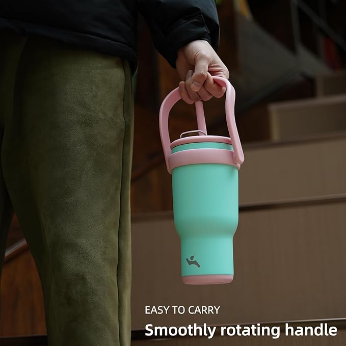 40 oz Tumbler with Side Handle, Insulated Water Bottle with Straw and 2 in 1 Lid, Stainless Steel Cup Travel Coffee Mug for Sports Office Gym,Fuchsia