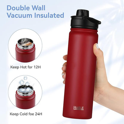 HASLE OUTFITTERS Insulated Water Bottle 22 oz Double Wall Stainless Steel Water Bottle Wide Mouth with Straw Lid & Spout Lid Keeps Cold or Hot(Red,1)