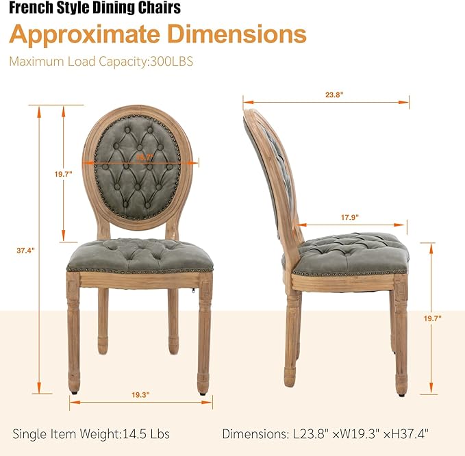 French Country Dining Chairs Set of 4, Vintage Wooden Dining Chairs with PU Leather Upholstered Tufted Seat,Solid Wood Legs&Frame, Farmhouse Kitchen&Living Room Chairs(Pine Green,4 Pcs)