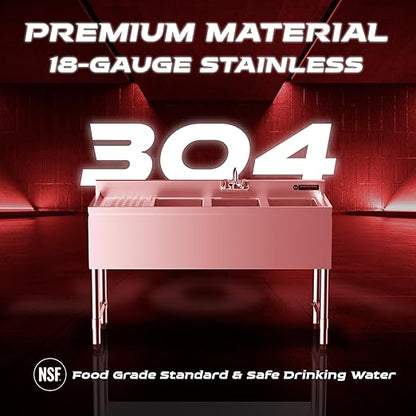 DuraSteel 3 Compartment Under Bar Sink - CEC & NSF 304 Stainless Steel 3 Bay Utility Sink with No Lead Faucet - 48" L x 19" W x 33" H - Left Drainboard Commercial Restaurant Grade