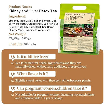 Premium Ginseng Tea - Natural Organic Kidney and Liver Detox Tea - 12 Herbal Blend with Goji Berry，Jujube, Longan, Mulberry & Maca - Caffeine & Sugar Free - 25 Individually Wrapped Pyramid Large Tea Bags (250g)