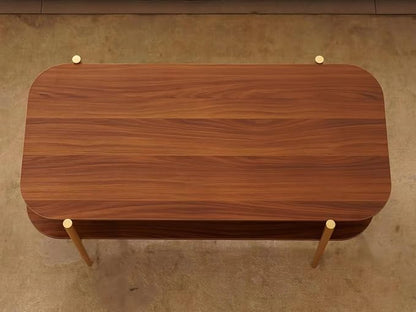 Shrine Rectangle Coffee Table, Mid-Century Modern Design, Two-Tier Walnut MDF Rounded Corner Table, 41" D x 21" W x 17" H, Sleek Conical Metal Legs with Gold Finish