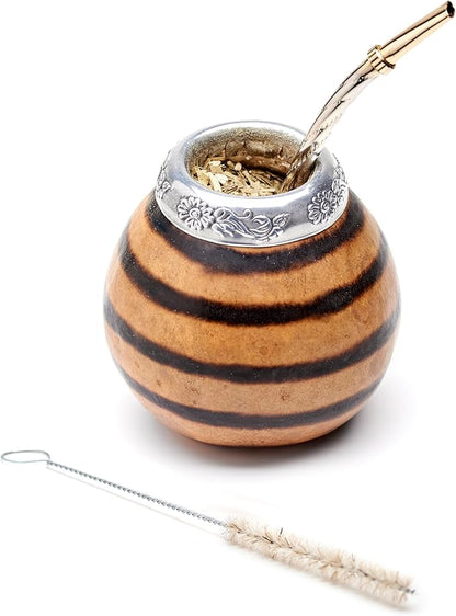 BALIBETOV Yerba Mate Gourd Set (Original Natural Handmade Yerba Mate Cup Argentina) - Includes Mate Tea Cup, Bombilla (Mate Straw) and Clean Brush - Classic Mate Cup and Bombilla Set (01)