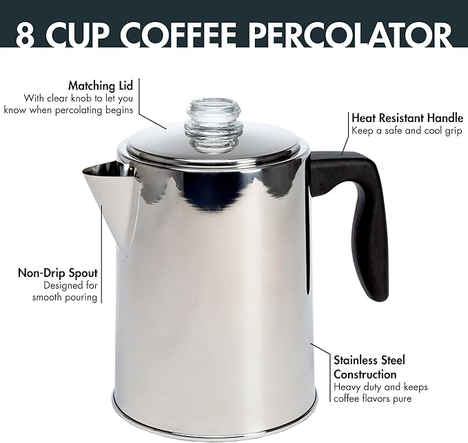 Primula Stovetop Coffee Percolator, Premium Stainless Steel Coffee Maker with Reusable Filter Basket, Non-Drip Spout, Glass Knob Brew Indicator and Heat Resistant Handle, Dishwasher Safe, 8 Cup
