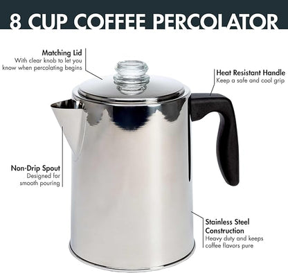 Primula Stovetop Coffee Percolator, Premium Stainless Steel Coffee Maker with Reusable Filter Basket, Non-Drip Spout, Glass Knob Brew Indicator and Heat Resistant Handle, Dishwasher Safe, 8 Cup