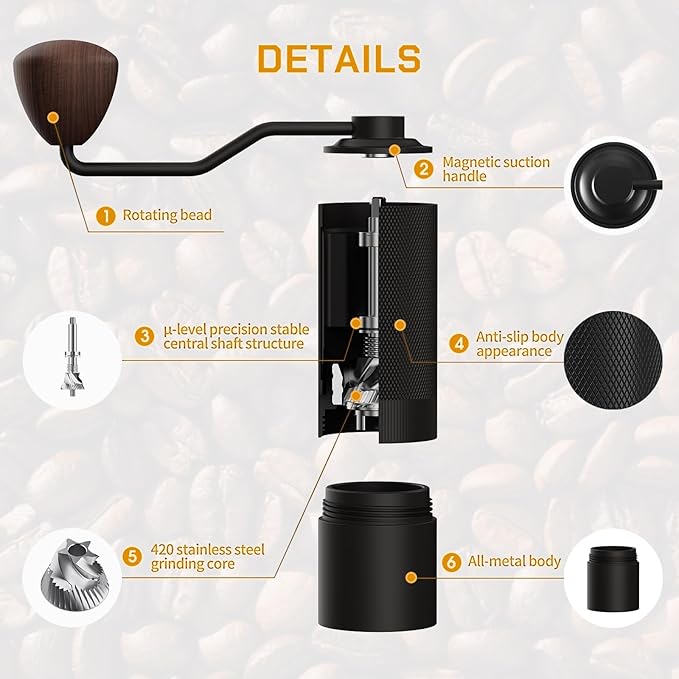 MAVO Manual Coffee Grinder, Wizard Hand Coffee Grinder, Capacity 25g with CNC Stainless Steel Pentagon Conical Burr, Adjustable Setting, Burr Coffee Bean Grinder for French Press, Pour Over, Silver