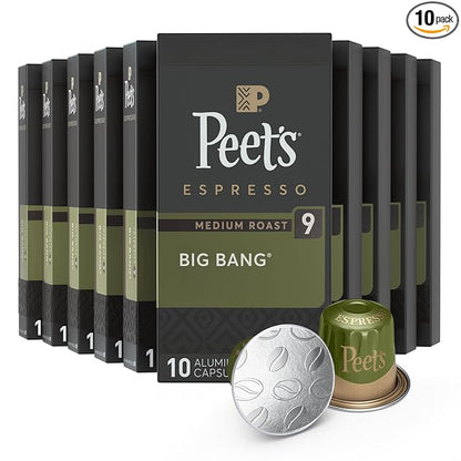 Peet's Coffee, Medium Roast Espresso Capsules, Compatible with Nespresso Original Machines - Big Bang, Intensity 9, 100 Count (10 Boxes of 10 Espresso Capsules)