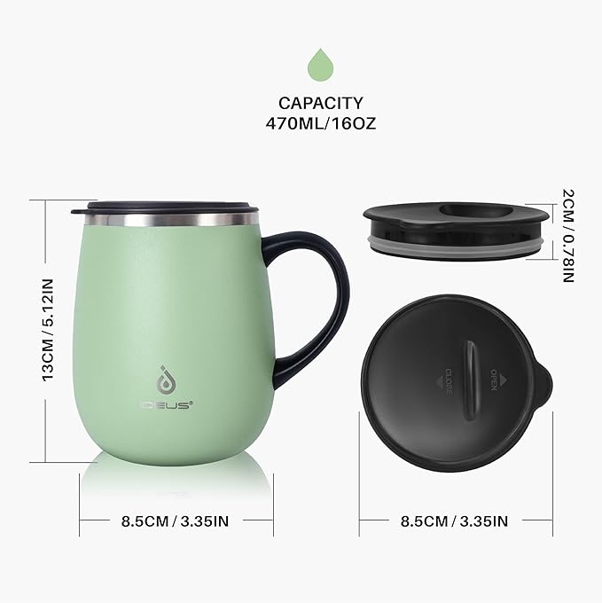 Ideus 16 oz Insulated Coffee Mug with Handle and Lid, Double Wall Stainless Steel Vacuum Thermal Coffee Mug, Travel Coffee Cup Thermal Cup for Home and Office, Avocado Green