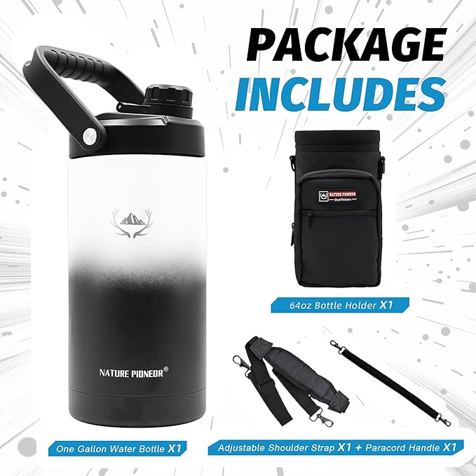 NATURE PIONEOR Insulated Water Bottles with Strap - 64 oz Stainless Steel Vacuum Wide Mouth Bottle with Holder/Carrier/Sleeve - 18/8 Food Grade 64oz Half Gallon Water Jug