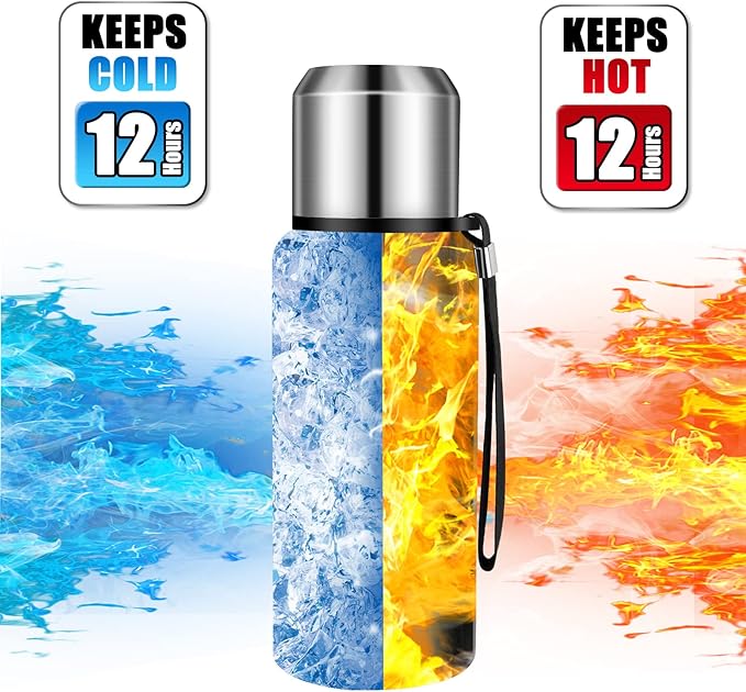 Insulated vacuum Thermo Bottle 500ml/16.9oz with cup Stainless steel coffee bottles for hot and cold drink water flask.(Black,500ml)