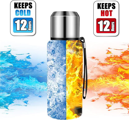 Insulated vacuum Thermo Bottle 500ml/16.9oz with cup Stainless steel coffee bottles for hot and cold drink water flask.(Black,500ml)