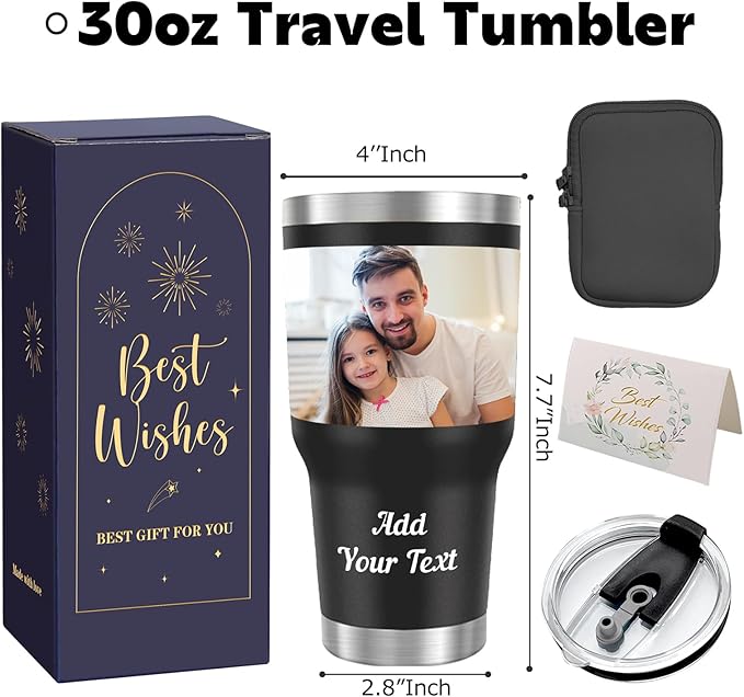 Personalized Coffee Tumbler with Pictures Text Name, Custom Photo Stainless Steel Coffee Tumbler, Coffee Travel Mug Cup 30 Oz, Custom Gifts for Father's Day Birthday Christmas for Dad, Mom, Friend