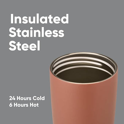 Owala SmoothSip Slider Insulated Stainless Steel Coffee Tumbler, Reusable Iced Coffee Cup, Hot Coffee Travel Mug, BPA Free 20 oz, Grey/Brown (Cozy Cocoa)