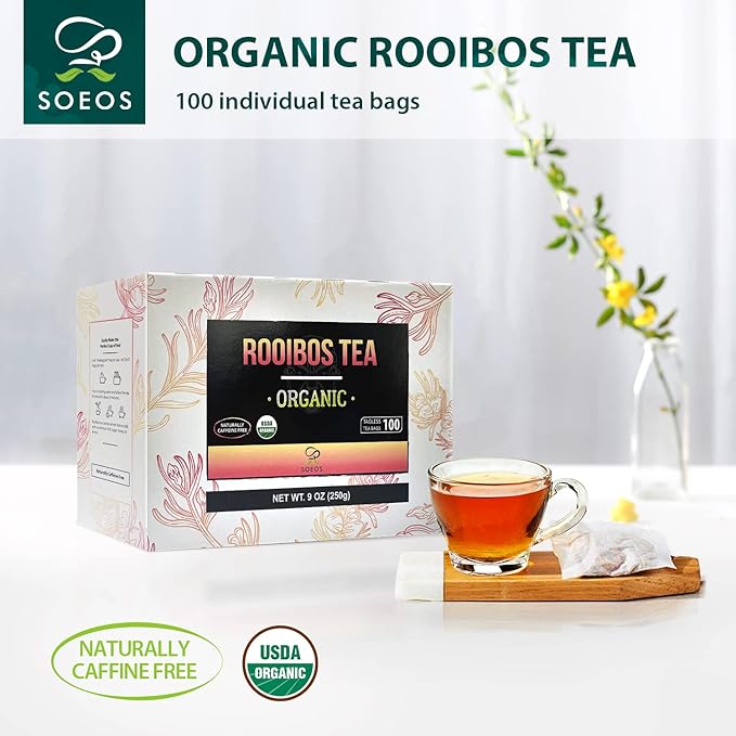 Soeos Organic Rooibos Tea, 9oz (250g), 100 Tagless Tea Bag, Naturally Caffeine Free, USDA Organic.