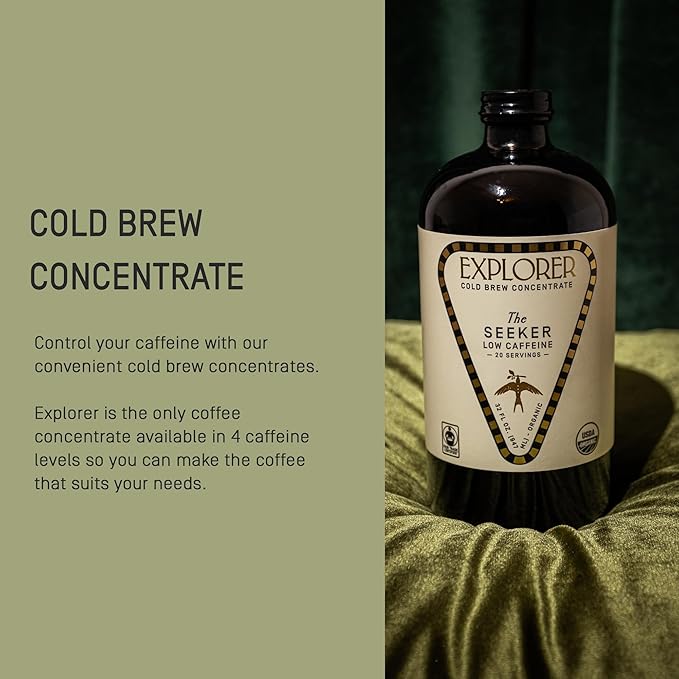 Explorer Cold Brew Organic Liquid Coffee Concentrate, Seeker Low Caffeine, Drink Iced or Hot, 32 fl oz, Makes 20+ Cups