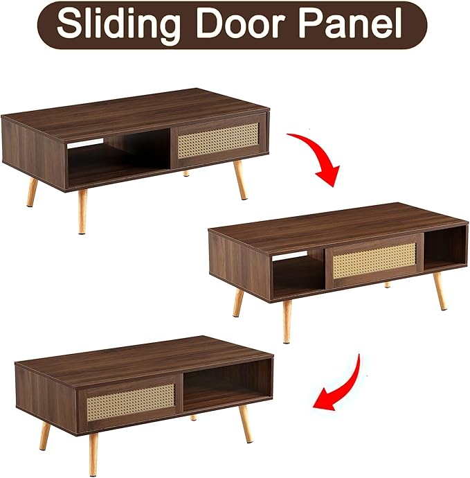 Mid Century Modern Coffee Table with Storage, 41.3 Inch Rectangle Wooden Accent Center Tables with Sliding PE Rattan, Woven Door Panel and Solid Wood Legs, Suitable for Living Room, Apartment