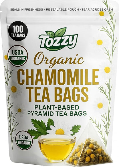 Tozzy Organic Chamomile Tea - 100 Count | Pyramid Tea Bags (Plant-Based & Eco-conscious) | Pure Ingredients