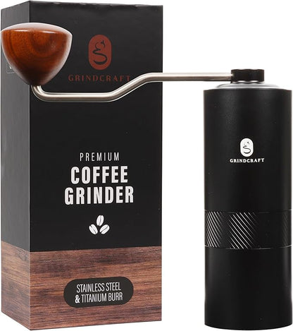 Premium Manual Coffee Grinder with Titanium-Plated Stainless Steel Burr Grinder for coffee beans, espresso, french press and moka pots by GRINDCRAFT; Large 40g capacity