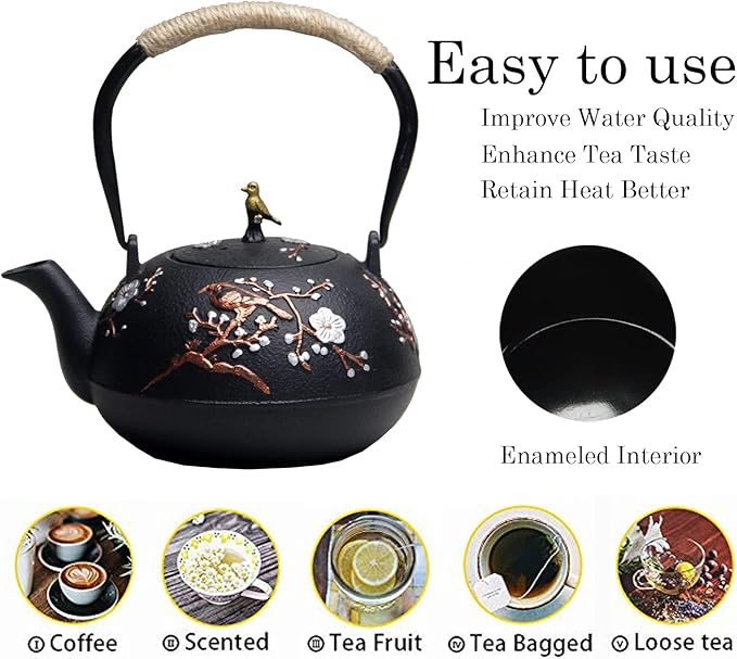 Cast Iron Teapot SECHUDO Teapot for Stovetop Safe Coated with Enameled Interior,Japanese Beautiful Tea Kettle with Stainless Steel Infuser for Loose Tea (40.6oz/1200ml)