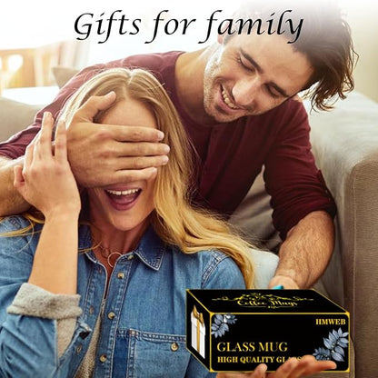 Vintage Coffee Tea Cups, Glass Mugs 14 Oz Set of 2 Embossed Glassware with Handle, for Cappuccino, Latte, Cereal, Yogurt, Beverage Hot/Cold, Milk