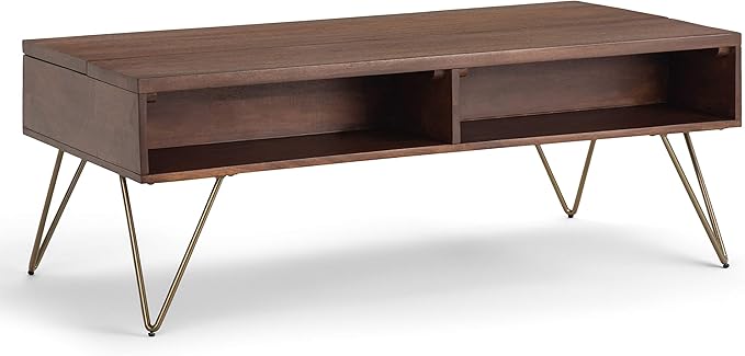SIMPLIHOME Hunter Lift Top Coffee Table - 48 inch Wide Solid Mango Wood and Metal Industrial Cocktail Table in Umber Brown, Functional Living Room Table with 2 Storage Cubbies and Hairpin Legs