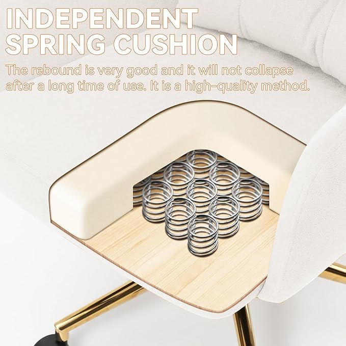 Flannel Office Chair Vanity Chair Comfy Home Office Desk Chairs with Lumbar Support, Modern Plush Fabric Desk Gold Legs Swivel Task for Home Office Bedroom Study White Upgraded Version