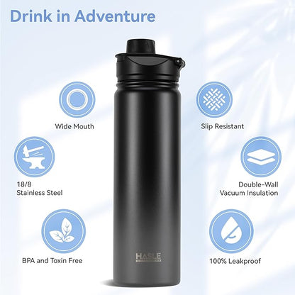 HASLE OUTFITTERS Insulated Water Bottle 22 oz Double Wall Stainless Steel Water Bottle Wide Mouth with Straw Lid & Spout Lid Keeps Cold or Hot(Black Gray Gradient,1)