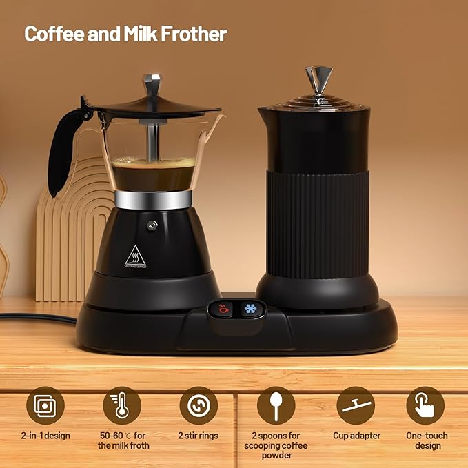 Electric Espresso Machine with Milk Frother 2 in 1 Efficient Moka Pot Coffee Maker with Milkfroth Aluminum One-Touch Operation for Effortless Cappuccinos Lattes Macchiatos Black