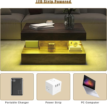 LED Coffee Table for Living Room, Living Room Table 2-Tier Square Middle Center Table, Modern Coffee Tables with Storage, Contemporary Wood Tea Tables for Dining Reception, Rustic