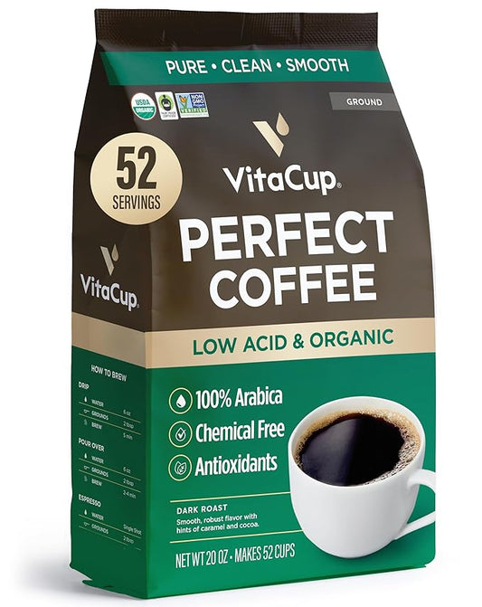 VitaCup Perfect Low Acid Coffee Ground, USDA Organic & Fair Trade, Mycotoxin Free, Dark Roast Guatemala Single Origin, Clean & Pure, 20 ounces, 52 Servings